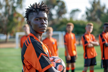 Portrait of confident young soccer player holding ball, teammates in matching orange jerseys standing in the background on a sunny day