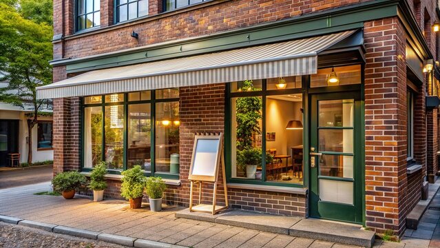 Cozy small shop building with empty windows and a sign board, available for rent or sale, symbolizing online shopping and commercial opportunity.