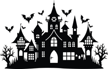 Obraz premium A Silhouette Vector Of Halloween Haunted House, Haunted House silhouette vector collection, Ghost House silhouette, halloween at night and bats house 