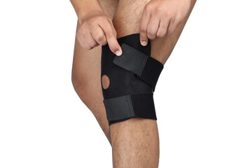 knee sleeve or knee cap shown on the models knee isolated on the white background