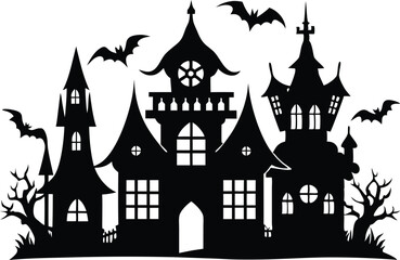 A Silhouette Vector Of Halloween Haunted House, Haunted House silhouette vector collection, Ghost House silhouette, halloween at night and bats house
