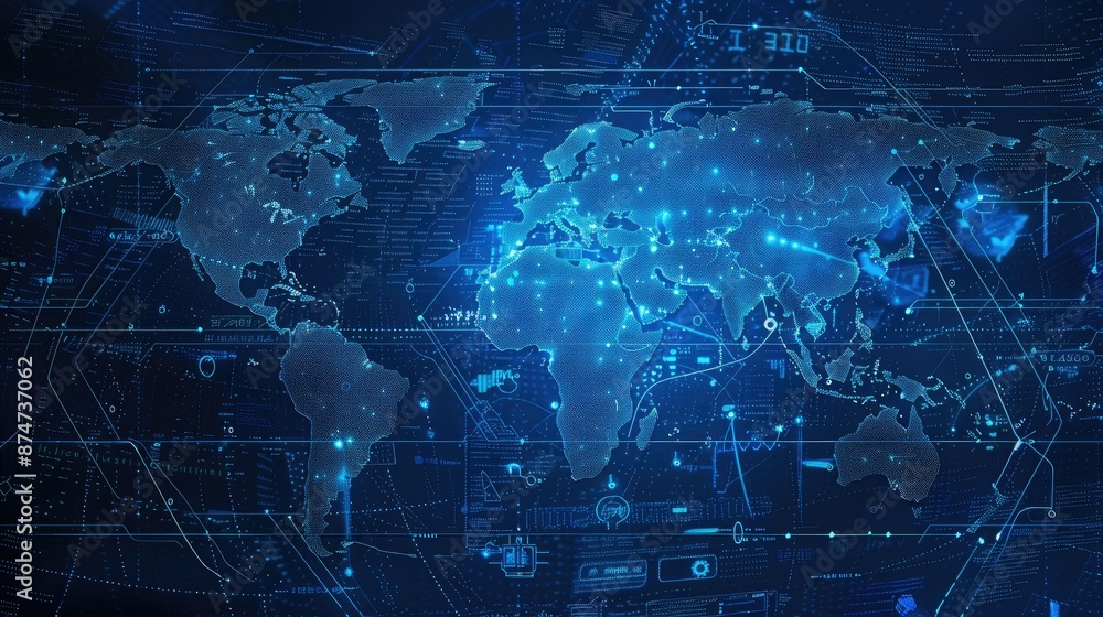 Poster digital world map with futuristic technology interface