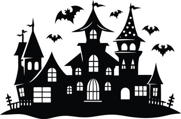 A Silhouette Vector Of Halloween Haunted House, Haunted House silhouette vector collection, Ghost House silhouette, halloween at night and bats house
