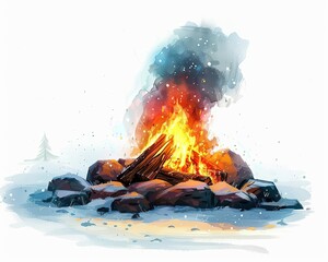 Fototapeta premium A bonfire in the snow clipart, winter element, serene style, cool tones, isolated on white background