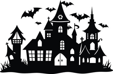 A Silhouette Vector Of Halloween Haunted House, Haunted House silhouette vector collection, Ghost House silhouette, halloween at night and bats house
