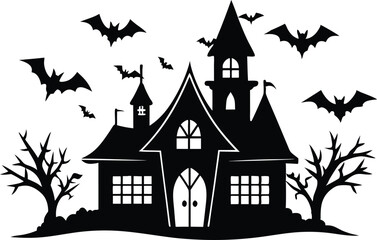 A Silhouette Vector Of Halloween Haunted House, Haunted House silhouette vector collection, Ghost House silhouette, halloween at night and bats house
