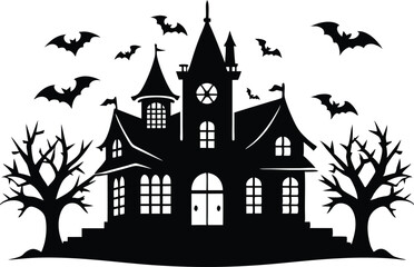 A Silhouette Vector Of Halloween Haunted House, Haunted House silhouette vector collection, Ghost House silhouette, halloween at night and bats house

