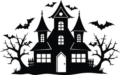 A Silhouette Vector Of Halloween Haunted House, Haunted House silhouette vector collection, Ghost House silhouette, halloween at night and bats house
