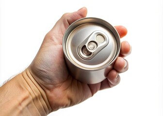 Isolated hand grasping empty aluminum can on a pure white background, emphasizing recycling and sustainability, with a shallow depth of field and soft lighting effect.