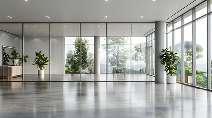 Obraz premium Modern office interior with glass walls, large windows and polished concrete floor. The space is well-lit by natural light, creating an atmosphere of spaciousness and sophistication.