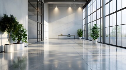 Modern office interior with glass walls, large windows and polished concrete floor. The space is well-lit by natural light, creating an atmosphere of spaciousness and sophistication.
