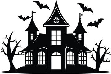 A Silhouette Vector Of Halloween Haunted House, Haunted House silhouette vector collection, Ghost House silhouette, halloween at night and bats house
