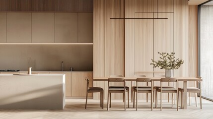 minimalist kitchen design interior with beige and white color tone, dining room