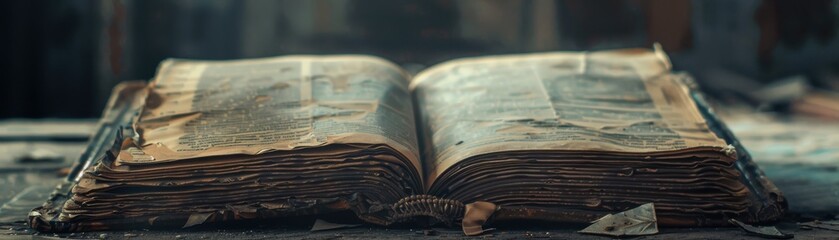 Ledger book stuck open, dark shadowy setting, realistic scene