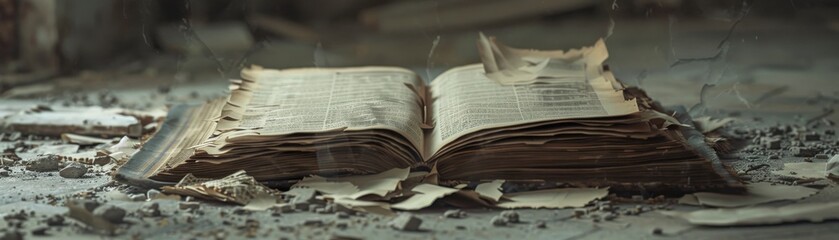 Fototapeta premium Ledger book wide open, torn financial documents scattered, realistic financial crisis