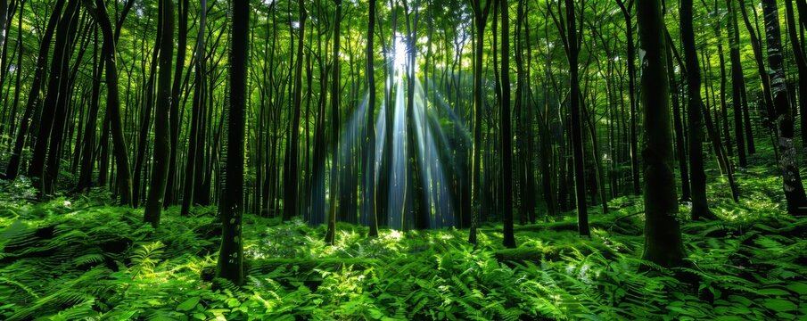 Sunlight streams through a dense forest, illuminating green foliage.