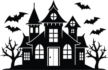 A Silhouette Vector Of Halloween Haunted House, Haunted House silhouette vector collection, Ghost House silhouette, halloween at night and bats house
