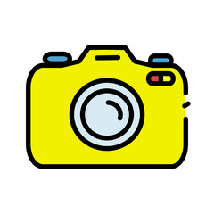 A vibrant vector graphic of a camera in yellow and blue highlights its sleek design and modern features. 