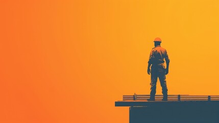 Fototapeta premium Silhouette of a worker with sky cap theme side view building outline scifi tone Analogous Color Scheme