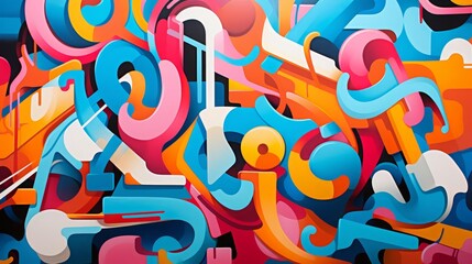 A lively abstract background illustration with jumbled, colorful letters and shapes, suggesting playful graffiti