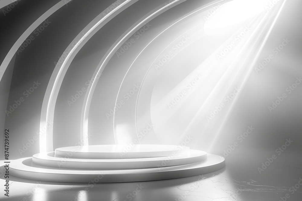 Poster A modern empty stage with curved lines, illuminated by natural light on a gradient background, evoking a concept of presentation. Generative AI