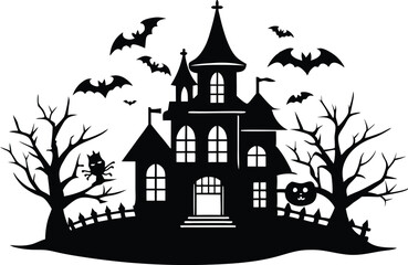 A Silhouette Vector Of Halloween Haunted House, Haunted House silhouette vector collection, Ghost House silhouette, halloween at night and bats house
