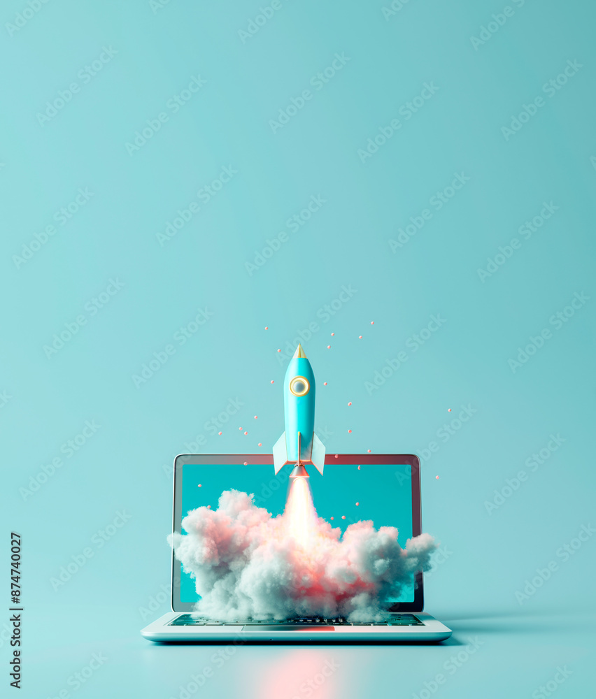Poster a rocket launching from a laptop screen against a light blue background, symbolizing startup and inn