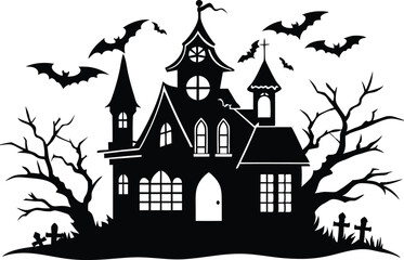 A Silhouette Vector Of Halloween Haunted House, Haunted House silhouette vector collection, Ghost House silhouette, halloween at night and bats house
