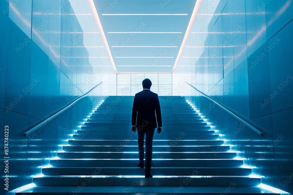 Poster a person in a suit walking up illuminated stairs with a blue futuristic background, depicting a conc