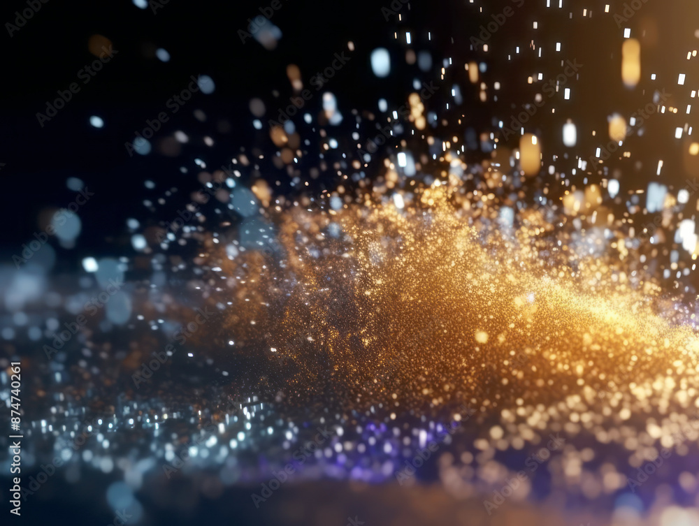 Poster glittering golden particles over a bokeh lights effect, with rich dark background, concept of magic.