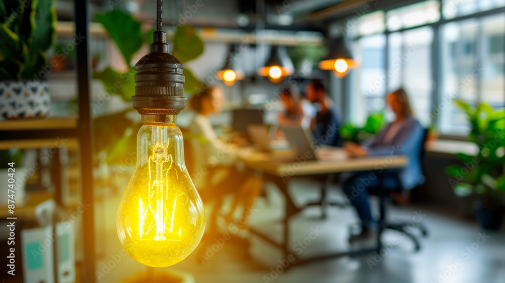 Aufkleber illuminated light bulb in focus with a blurred office background, concept of idea and innovation. ge