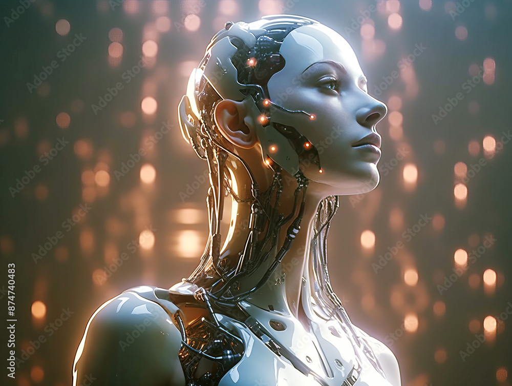 Poster A female android with intricate details against a bokeh light background, embodying the concept of futuristic technology. Generative AI