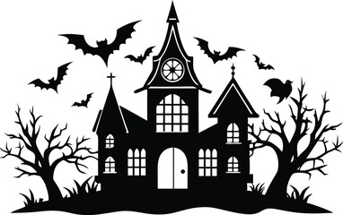 A Silhouette Vector Of Halloween Haunted House, Haunted House silhouette vector collection, Ghost House silhouette, halloween at night and bats house
