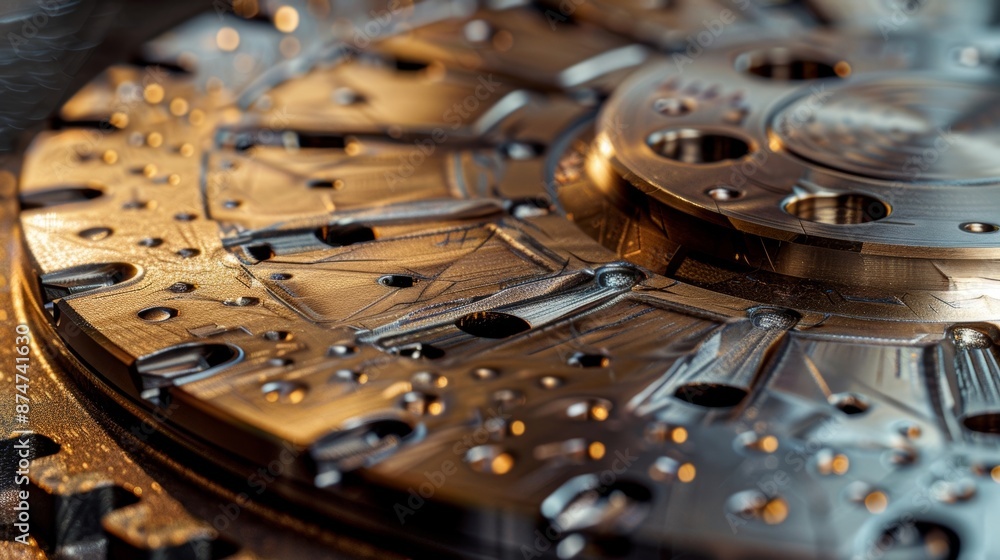 Poster a detailed shot of a clutch plate showcasing the precision engineering and intricate grooves that al