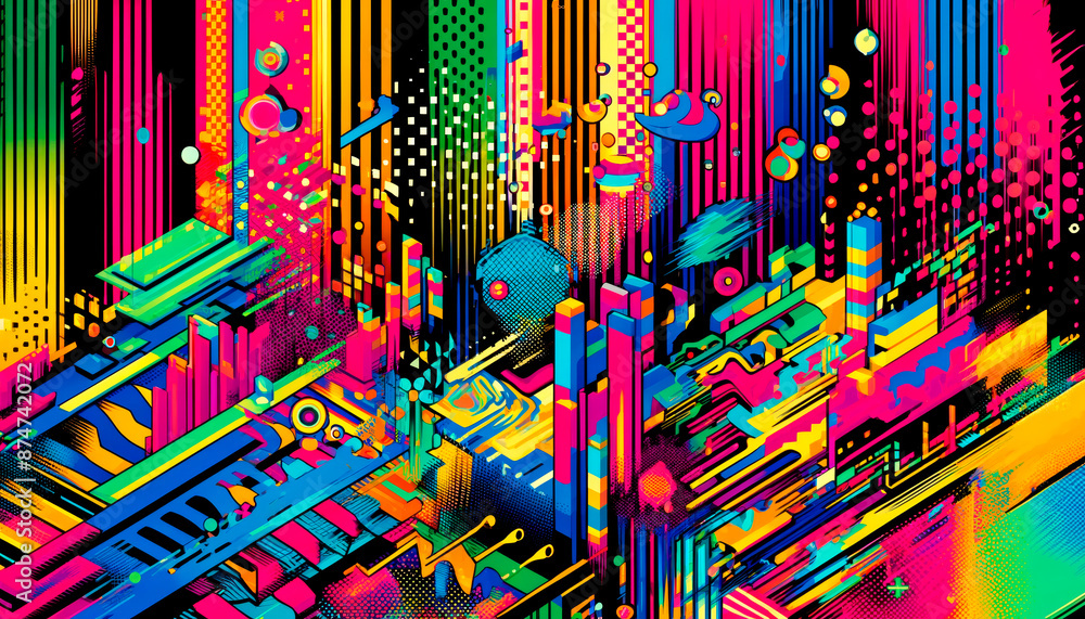 Poster vibrant abstract artwork with geometric shapes and dots on a dark background, concept of digital cre