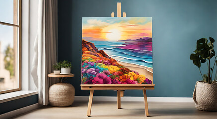 A custom art print on a small easel podium. Highlight its artistic details and vibrant colors, with copy space 
