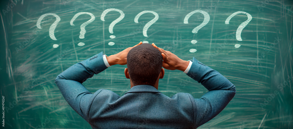 Aufkleber a man in front of a chalkboard with question marks around him, concept of confusion, real style on e