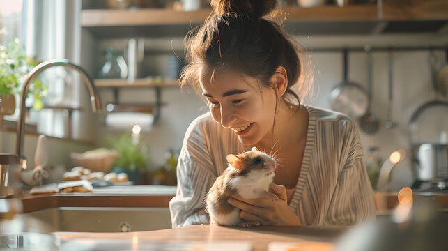 Young woman bonding with her pet hamster in a cozy kitchen