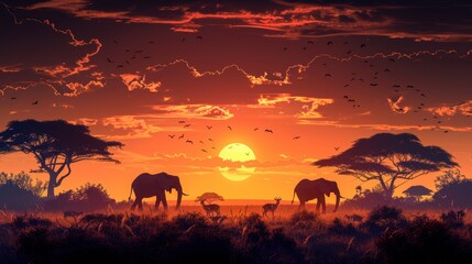 Stunning African sunset with silhouettes of elephants and trees, creating a serene and picturesque landscape.
