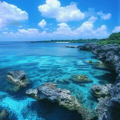Obraz premium Turquoise Paradise. Breathtaking view of a tropical island with crystal clear water, blue sky, and white clouds. Perfect for travel, vacation, and nature themes.