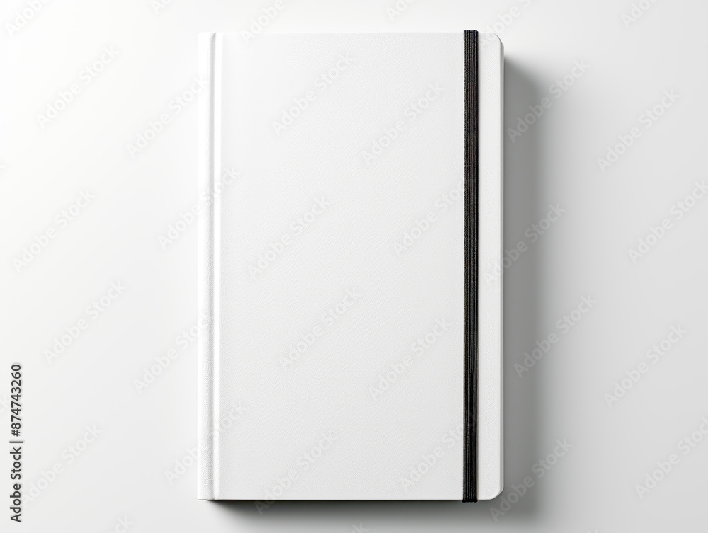Aufkleber a white closed notebook with a black elastic band on a clean white background, concept of branding m