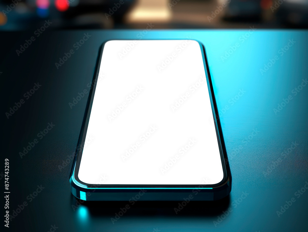 Aufkleber Close-up of a smartphone with a blank screen for mockup on a dark, textured surface with subtle reflections, conveying a concept of technology and design. Generative AI