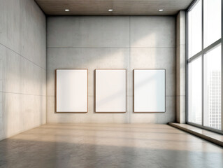 Three blank posters in a modern gallery interior with sunlight, concrete, and city view, concept of exhibition. Generative AI