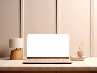 Laptop with blank screen on a desk, next to a lamp and decorative vase, ideal for branding mockups. Generative AI