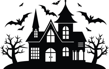 A Silhouette Vector Of Halloween Haunted House, Haunted House silhouette vector collection, Ghost House silhouette, halloween at night and bats house
