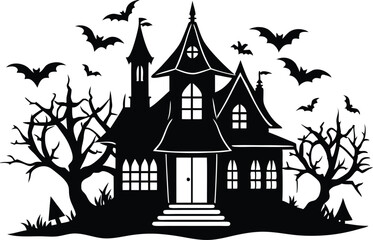 A Silhouette Vector Of Halloween Haunted House, Haunted House silhouette vector collection, Ghost House silhouette, halloween at night and bats house
