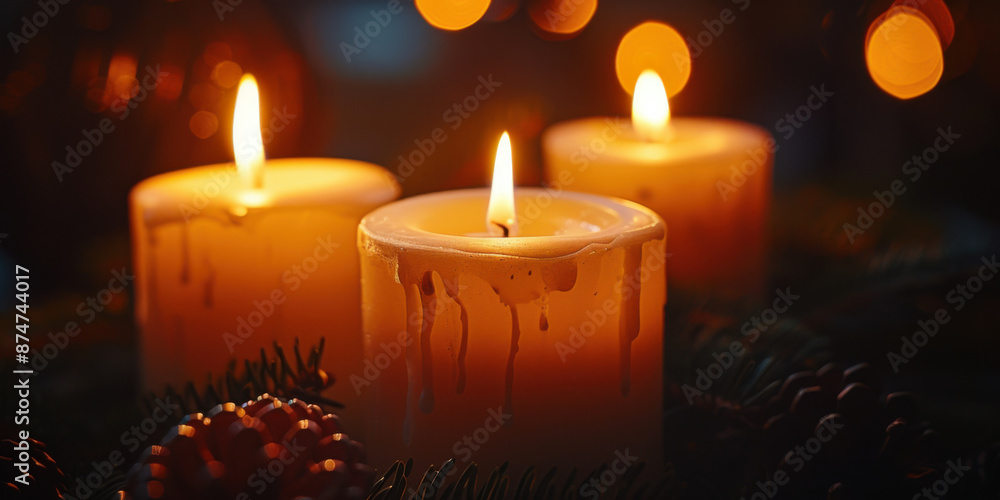 Poster three burning candles creating a warm and cozy atmosphere with soft glowing light, ideal for relaxat