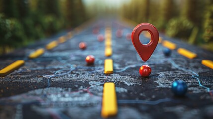 Close-up of a GPS map marker on a road with other map pins, representing navigation and travel planning with a blurred forest background.