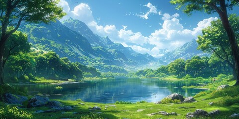 A Serene Wildflower Meadow Under a Clear Blue Summer Sky, Bathed in Sunlight