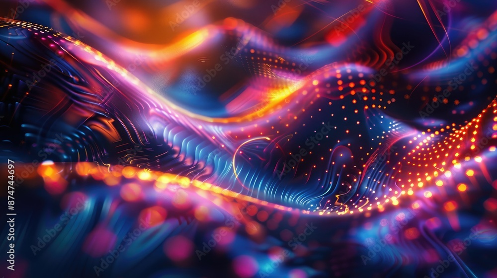 Poster abstract futuristic background with glowing fractal patterns and digital light effects.
